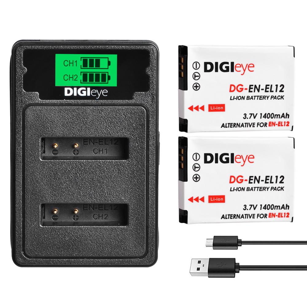 EN-EL12 ENEL12 Battery + LCD Dual USB Charger for Nikon Coolpix A1000 B600 W300 A900 AW100 AW110 S6300 S8100 S9300 P310: 2 battery set
