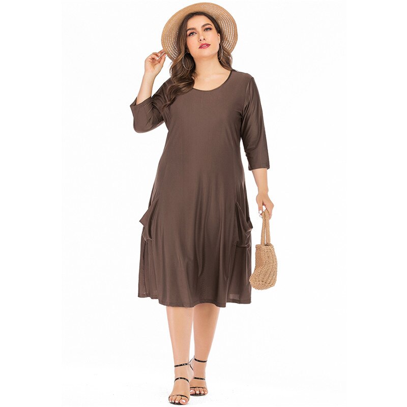 5xl 6xl plus size løs oversize kjole kvinder sommer o-hals trekvart ærmer solid afslappet kjole lommer dame tunika kjoler: Khaki / Xl