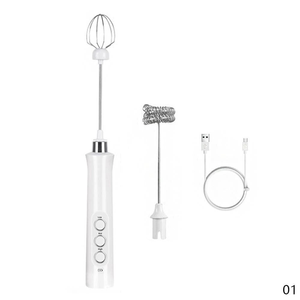 3 Speed Verstelbare Usb Oplaadbare Handheld Blender Melk Koffie Tore Rvs Elektrische Mixer Schuim Maker Keuken Gereedschap: White No Base