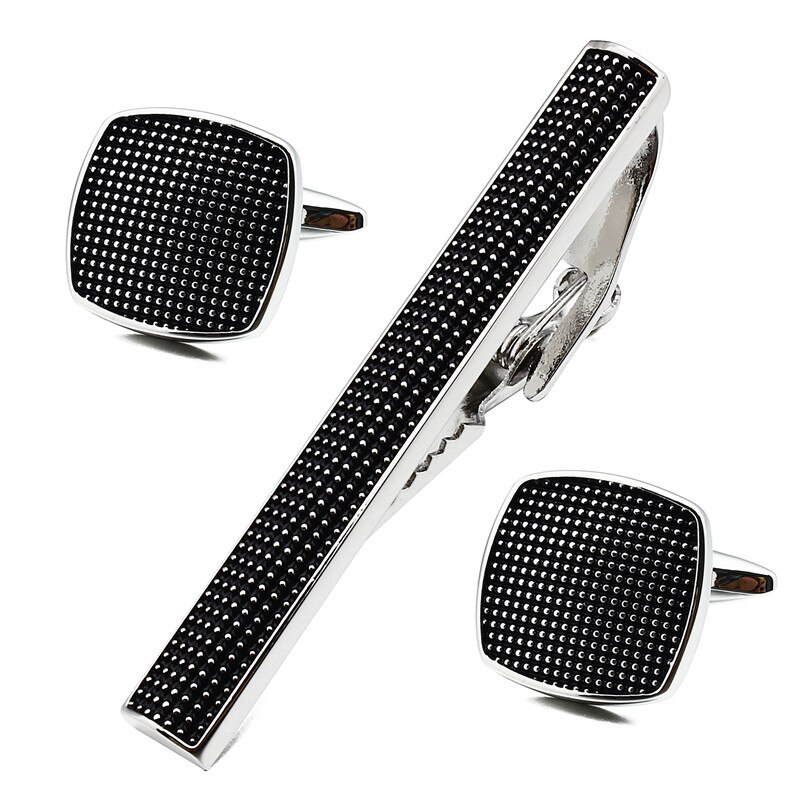 Square Black Enamel Man Shirt Cuff Links and Tie Bar Clips Set for Business Accessories Best for Man