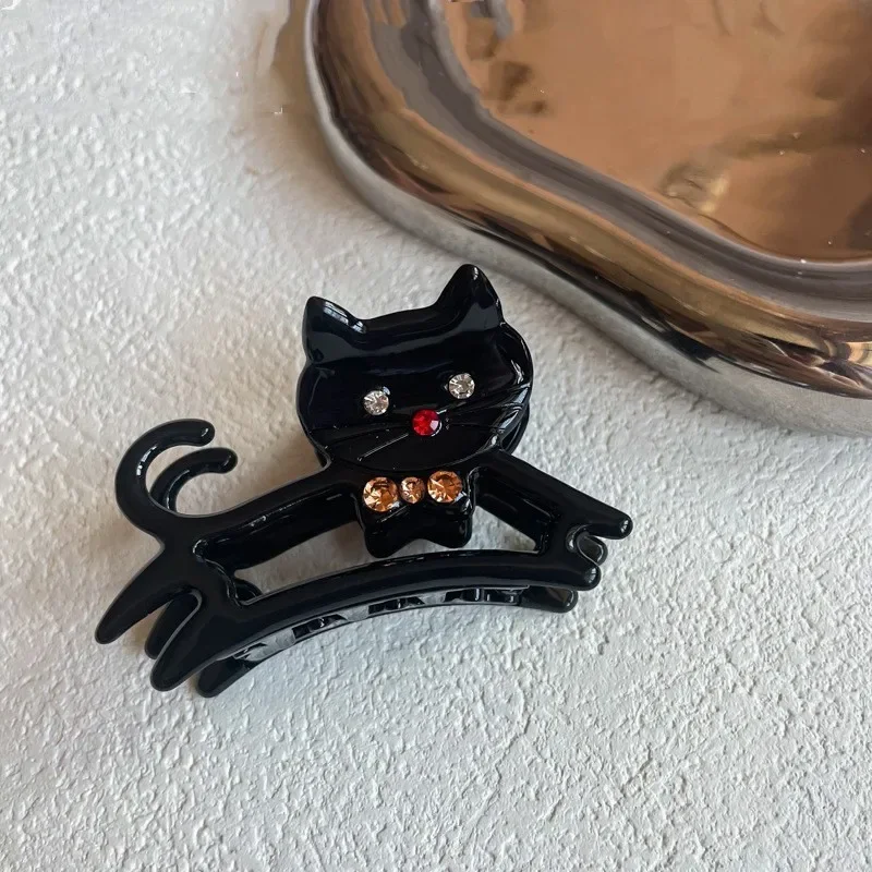 Pinza para el pelo de gato con diamantes de imitación para mujer y niña, pinzas para el pelo de acetato con dibujos de animales, gatito y cangrejo, accesorios para el cabello Kawaii: Gris claro
