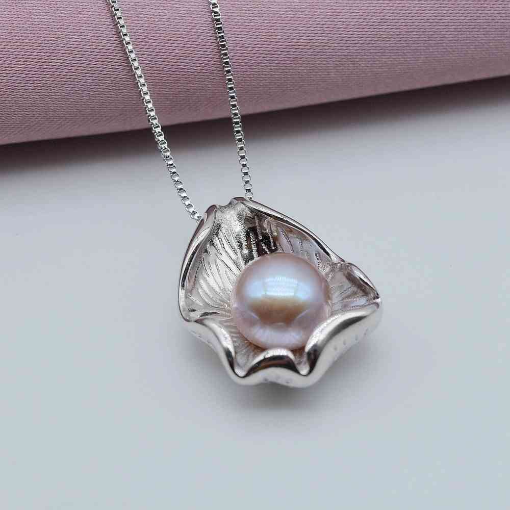 Collana con ciondolo conchiglia di moda, perla d&#39;acqua dolce bianca naturale, argento sterling 925, forma a conchiglia, collana da ragazza