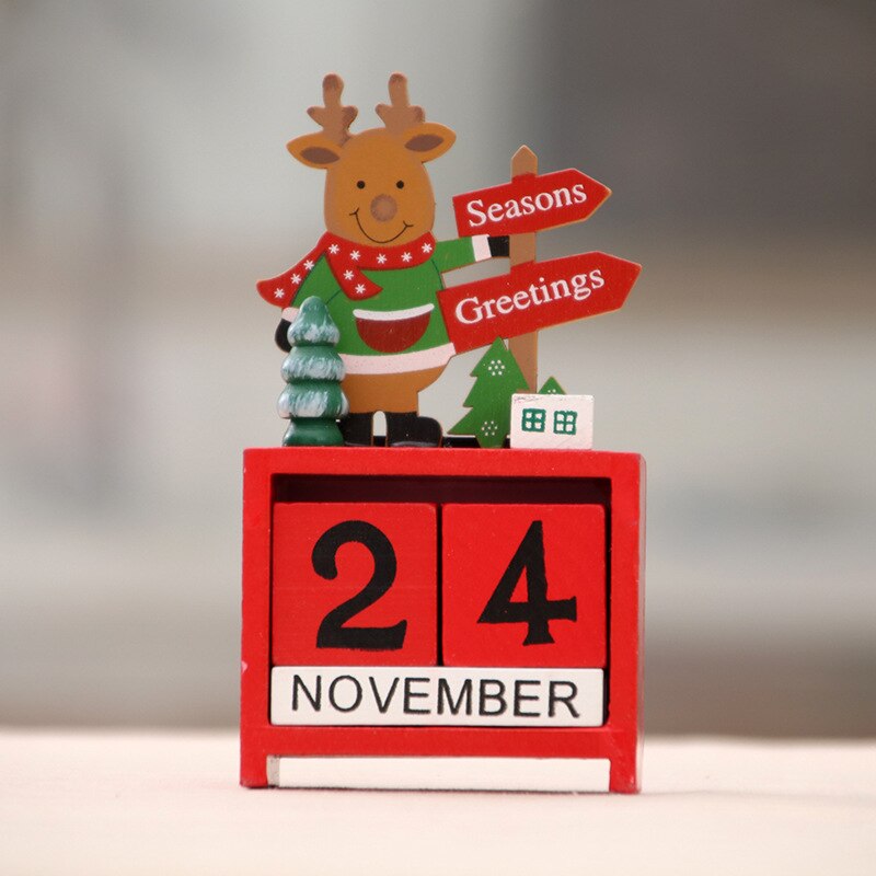 Christmas Countdown Wood Blocks Decor Calendar Tabletop Decoration Santa Snowman Reindeer Winter Wooden Signs Days: Elk