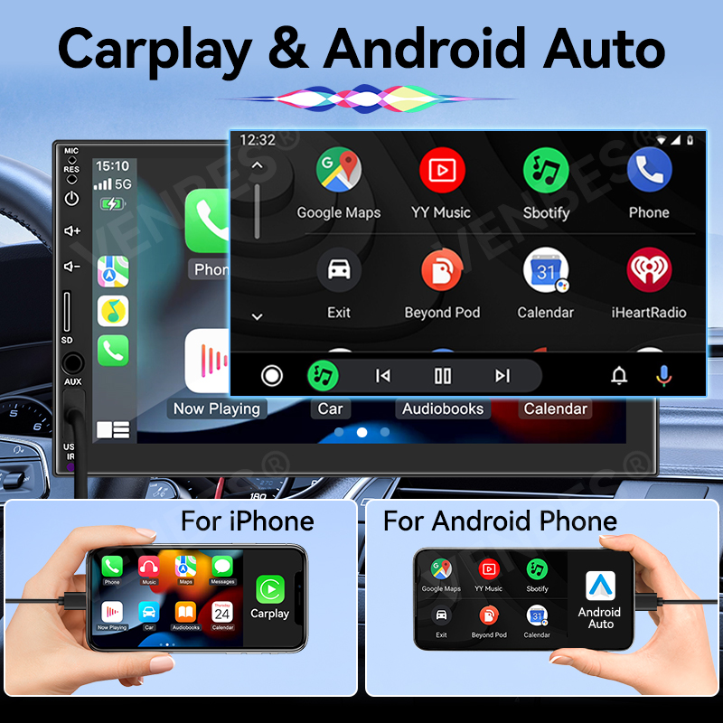 VENBES 7 "Radio Universal para coche CarPlay Android Auto 1 DIN reproductor Multimedia pantalla táctil Mirrorlink BT Audio automático