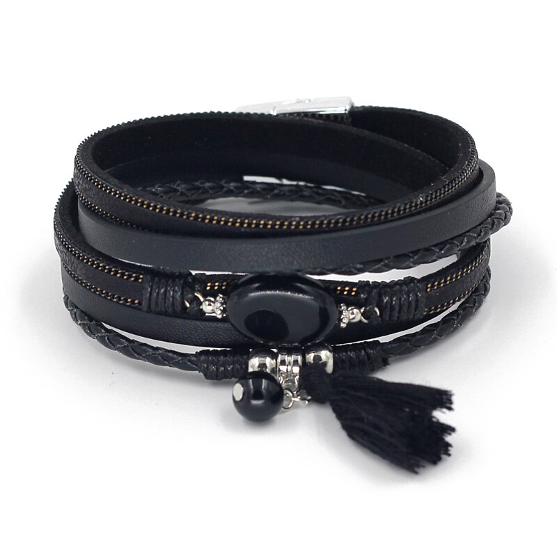 Vonnor Lederen Armbanden Voor Vrouwen Boho Sieraden Charm Natuursteen Kwastje Wrap Armband Vrouwelijke: B9005e Black