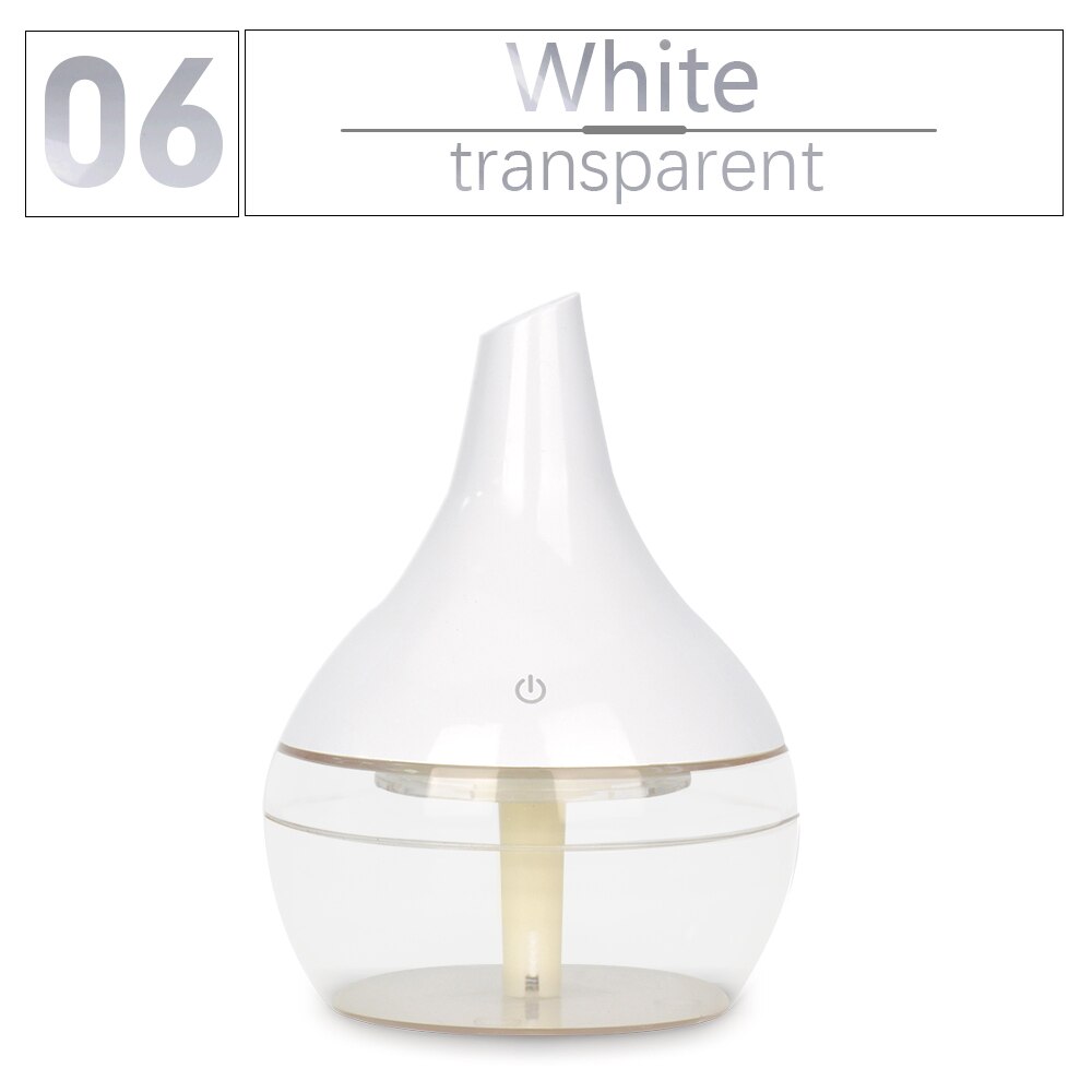 300ML USB humidifier Electric oil Aromatherapy wood grain Ultrasonic air diffuser with 7 colors lights for home office Car: White transparent