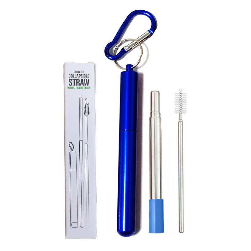 Telescopische Herbruikbare Rietjes Reinigingsborstel Metalen Stro Party Tool Draagbare Rvs Rietje Met Travel Case: Blauw