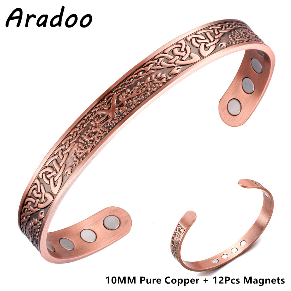 Aradoo pulseiras magnéticas de cobre para homens e mulheres com ímãs de neodímio árvore da vida pulseira de cobre puro joia presente: Dourado