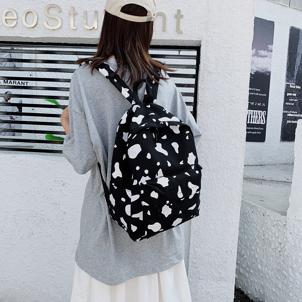 Women Multi-pocket Backpack Cow Milk Pattern Large Capacity Backpack Canvas Daily School Bag For Teenager Girls