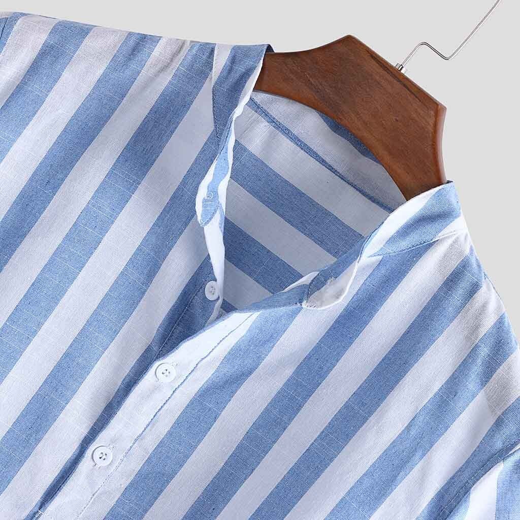 Mens Striped Shirt Cotton Linen Henry Colla Fresh Color Hawaiian Shiets Loose Short Sleeve Casual Buttons Shirt Plus Size