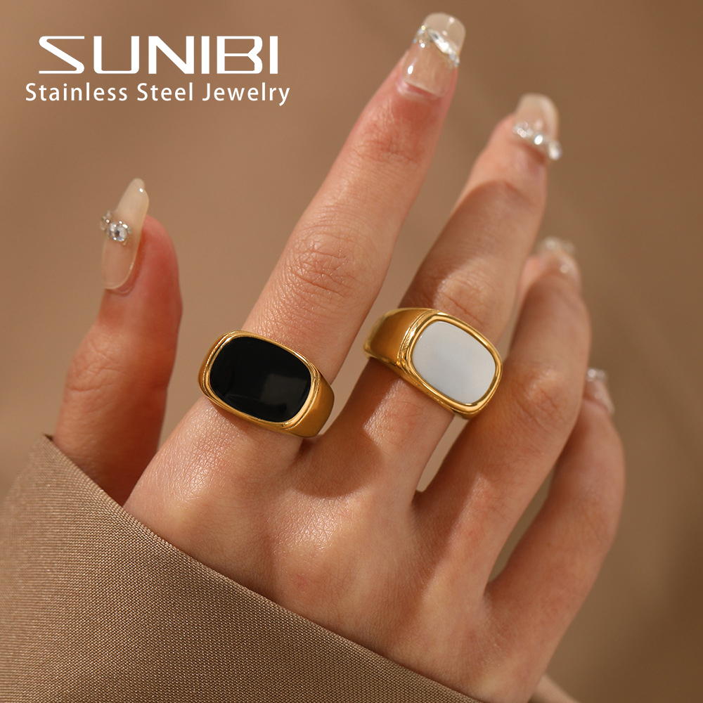 SUNIBI-Anillo cuadrado Vintage de concha para mujer, de acero inoxidable, Color oro blanco, anillo grande y grueso, accesorios de joyería para , para cena