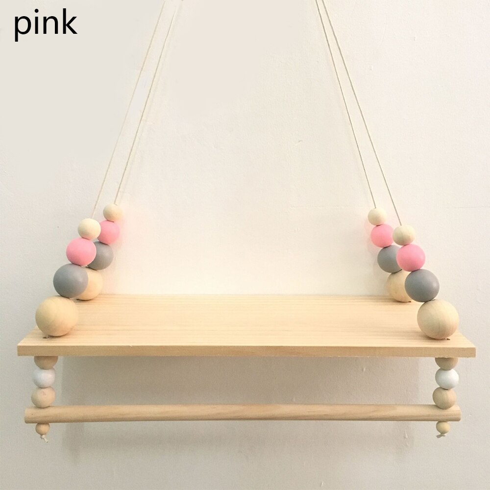 Estante de pared de madera con borlas y cuentas de colores nórdicos para niños, decoración de guardería, almacenamiento artesanal, decoración de hogar para colgar en la pared: A-Pink