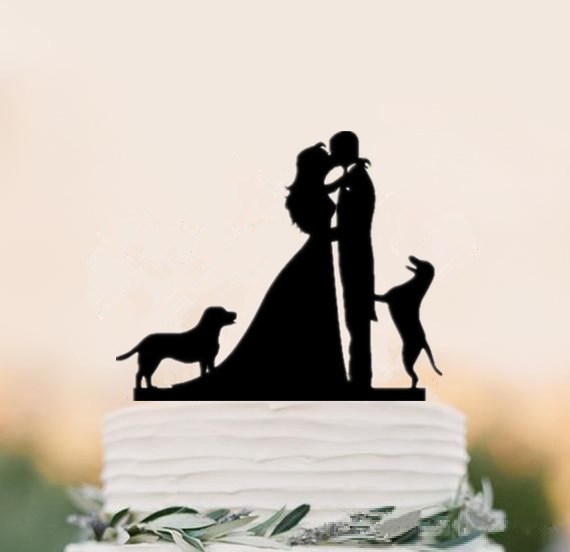 Blandet stil sort akryl brud og brudgom silhuet med kæledyr hund kat mr & fru toppers til bryllupskage dekorationstilbehør