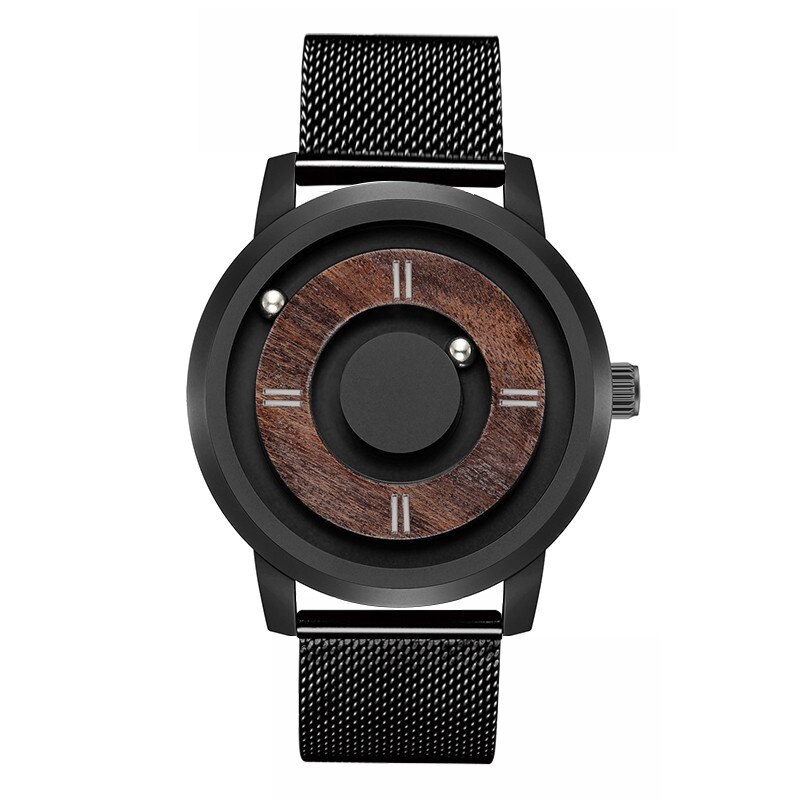 Casual Hout Horloges Mannen Houten Dial Mens Casual Quartz Horloge Creatieve Stijl Magnetische Bal Band Band Cool Horloges: black metal
