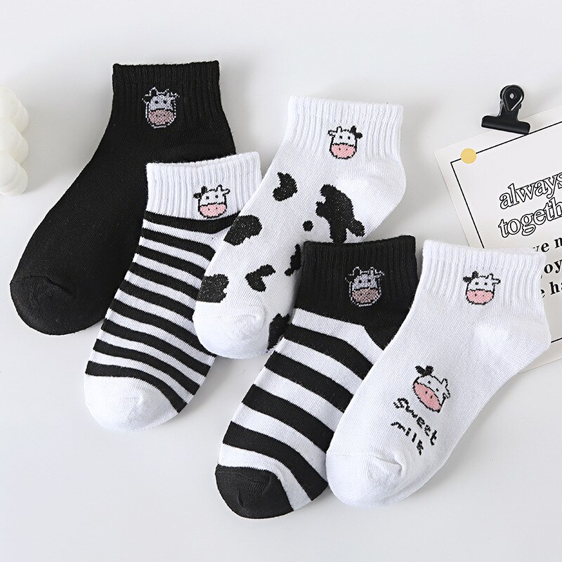 5 Pairs Cow Printed Socks Cute Harajuku Cotton Women Socks Striped Solid Breathable Casual Girls Short Socks