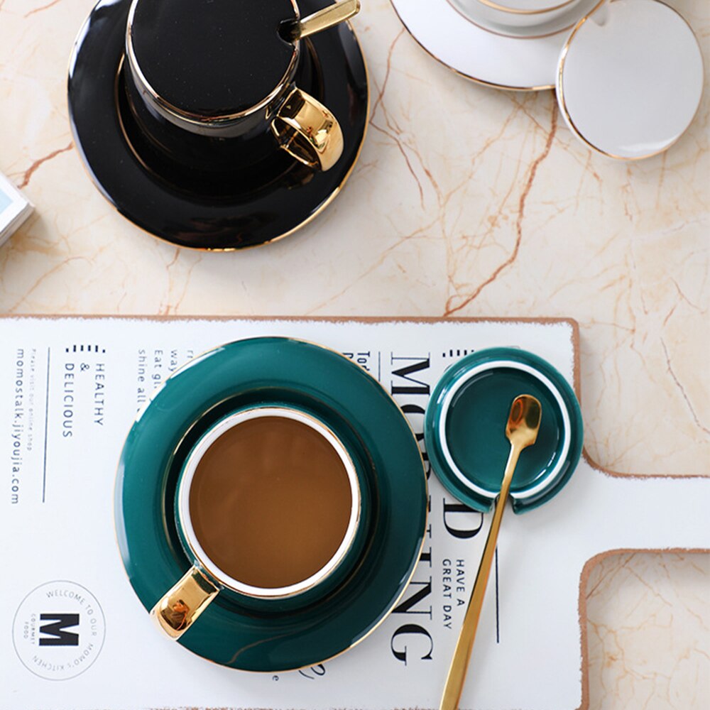 Green Minimalist Afternoon Tea Cups Cup and Saucer Set Ceramic coffee cup luxury Nordic Luxury with Spoon Solid