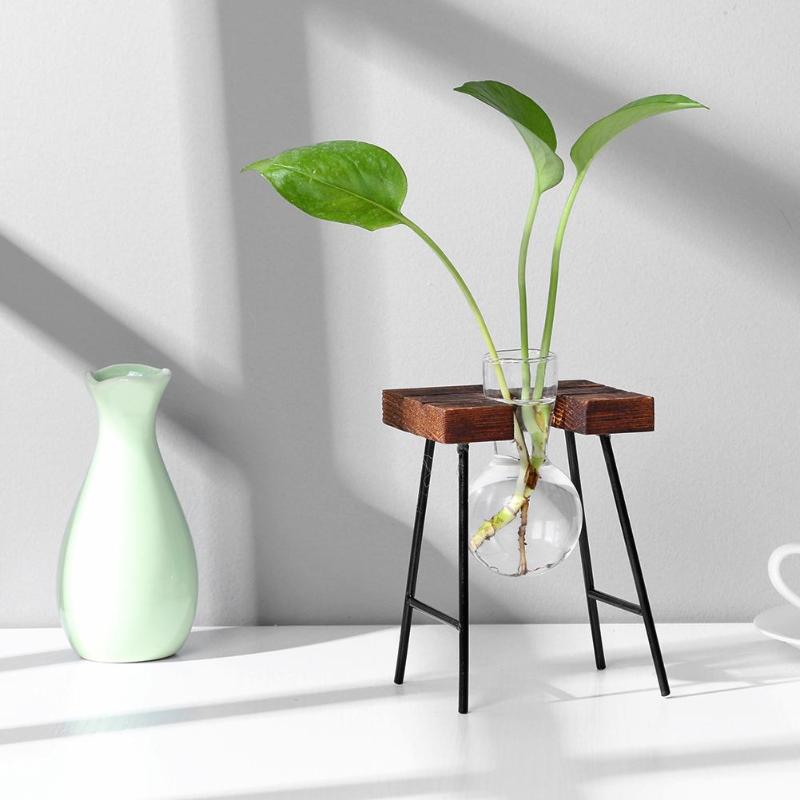 Træramme glasvase hydroponisk plantevase vintage blomsterpotte bord desktop bonsai blomstervase boligindretning: -en