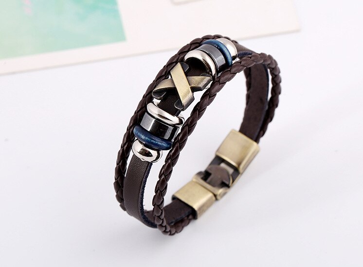 NADEEM Cross Charm Brown Leather Bracelet Men Male Vintage Punk Cross Charm Cuff Bracelet Bangle Jewelry Pulse: DK028coffee