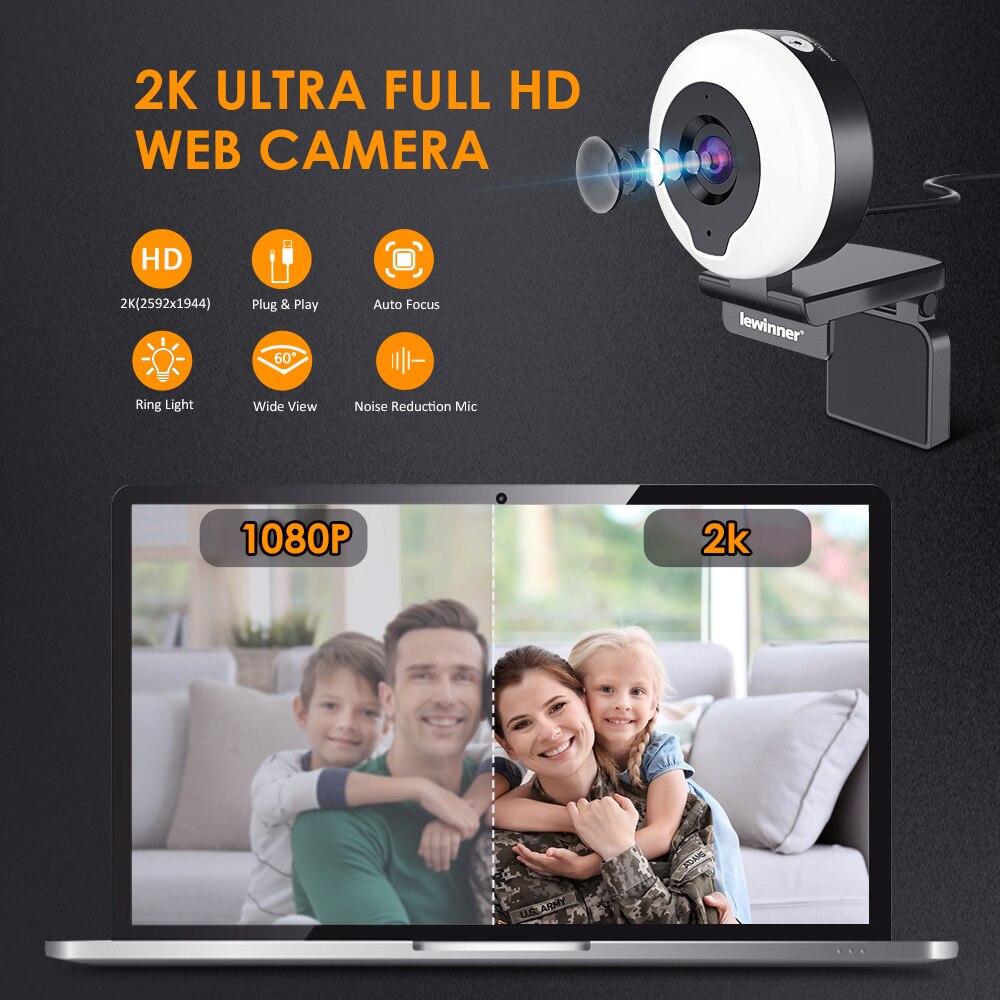 Lewinner 2K Webcam mit Ring Licht & Stativ & Mikrofon, USB Auto Fokus für PC Video Konferenz/Anruf/Lehre/Spielen