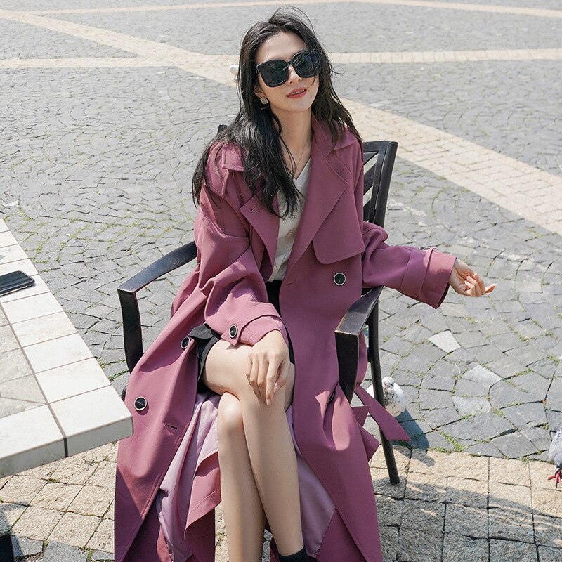 Trenchcoat Vrouwelijke Lente Herfst Koreaanse Pruim Kleur Lange Revers Vrouwen Windjack Losse Casual Dames Mantel Pendelen Jas