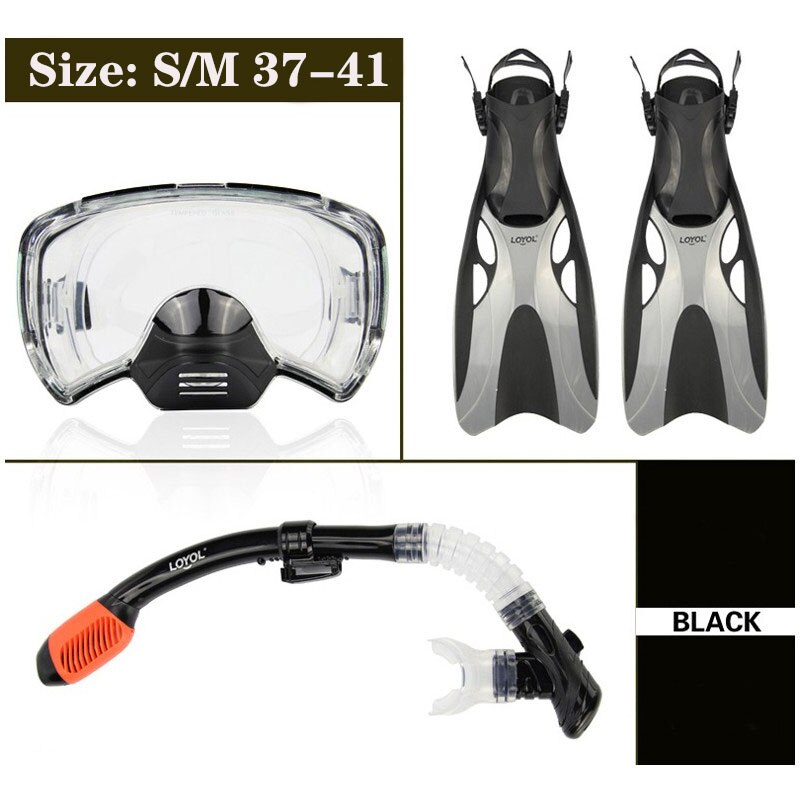 Diving Mask Diving Fins Snorkeling Tube Set Men Women Shoes Swim Glasses Adult Long Flippers Sports Equipment: Black Size 37-41