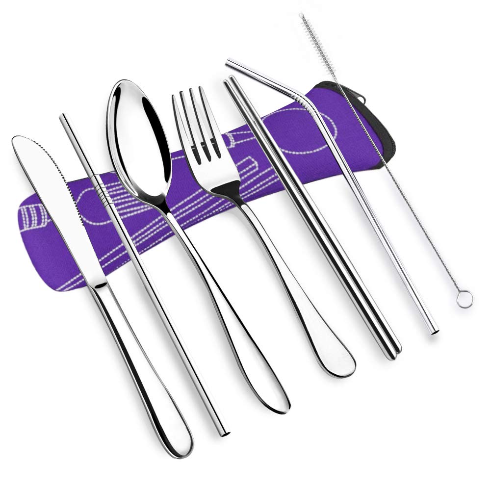 Servis set rostfritt stål servis med vete halm handtag kniv gaffel sked middag set kök servis: Lila