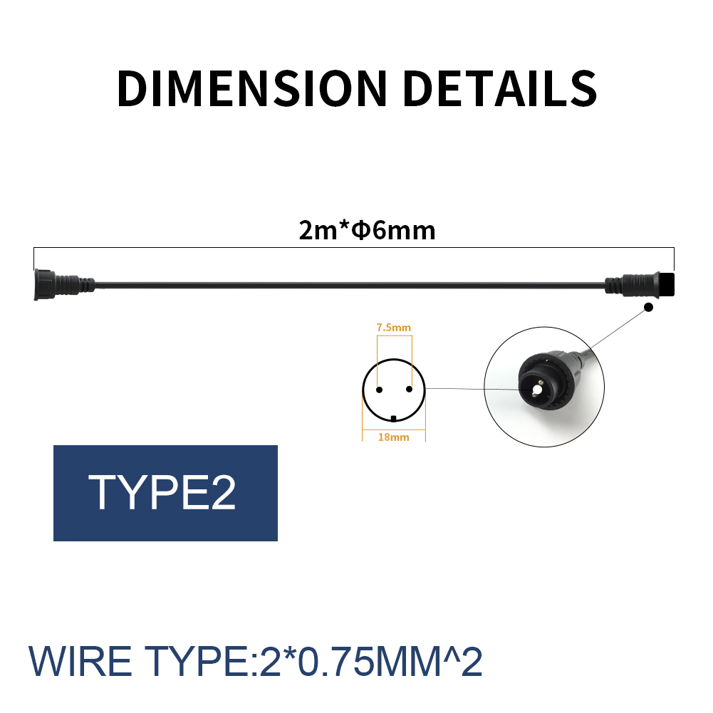Cable de extensión impermeable IP67 de 2 pines y 2 metros, Cable de alimentación para luces LED al aire libre: Verde militar