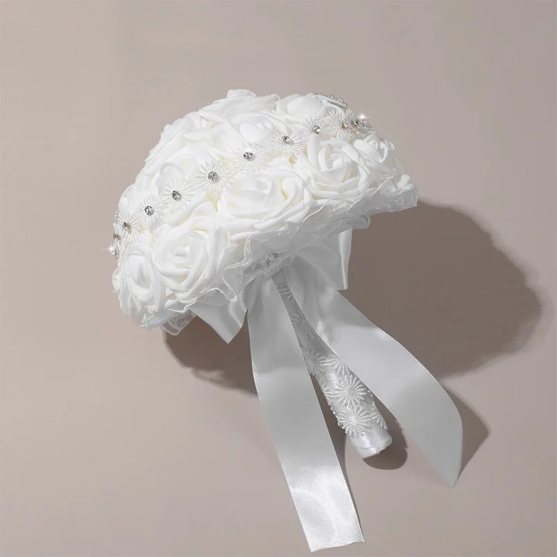 All White Round Wedding Bouquet, Foam Roses Decorated with Sparkle Rhinestone Strips & Wide Satin Ribbon