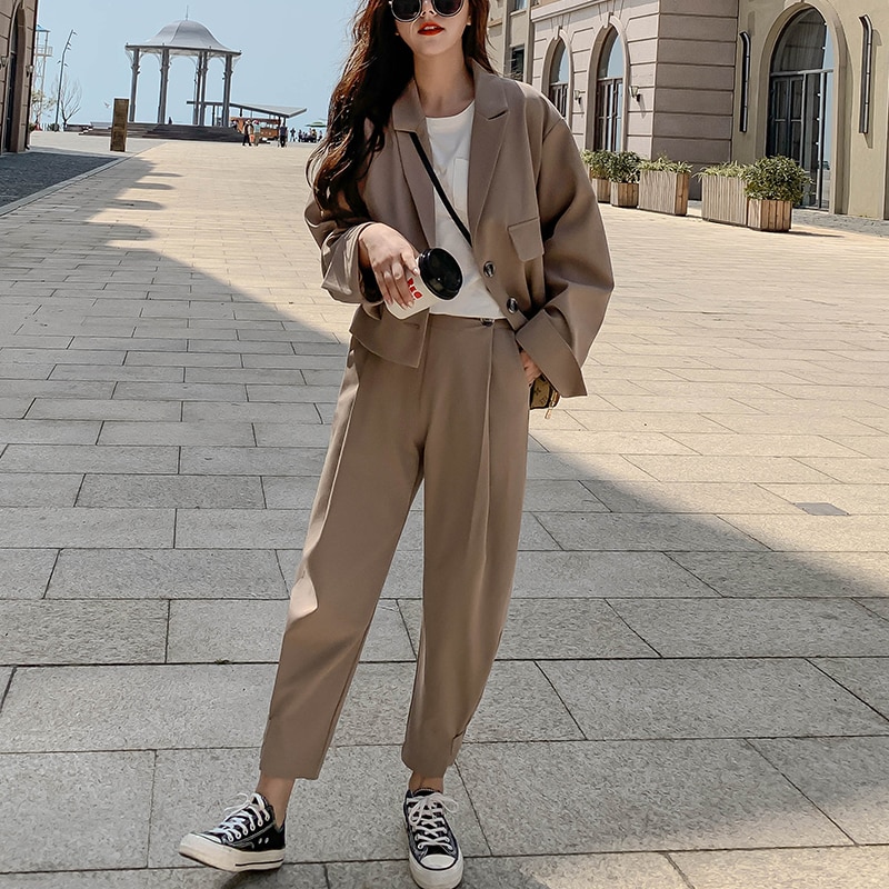 Kvinner 2 -delt sett høst uformelt blazere løs kontor dame forretningsdress kvinnelig koreansk blazer + dressbukse