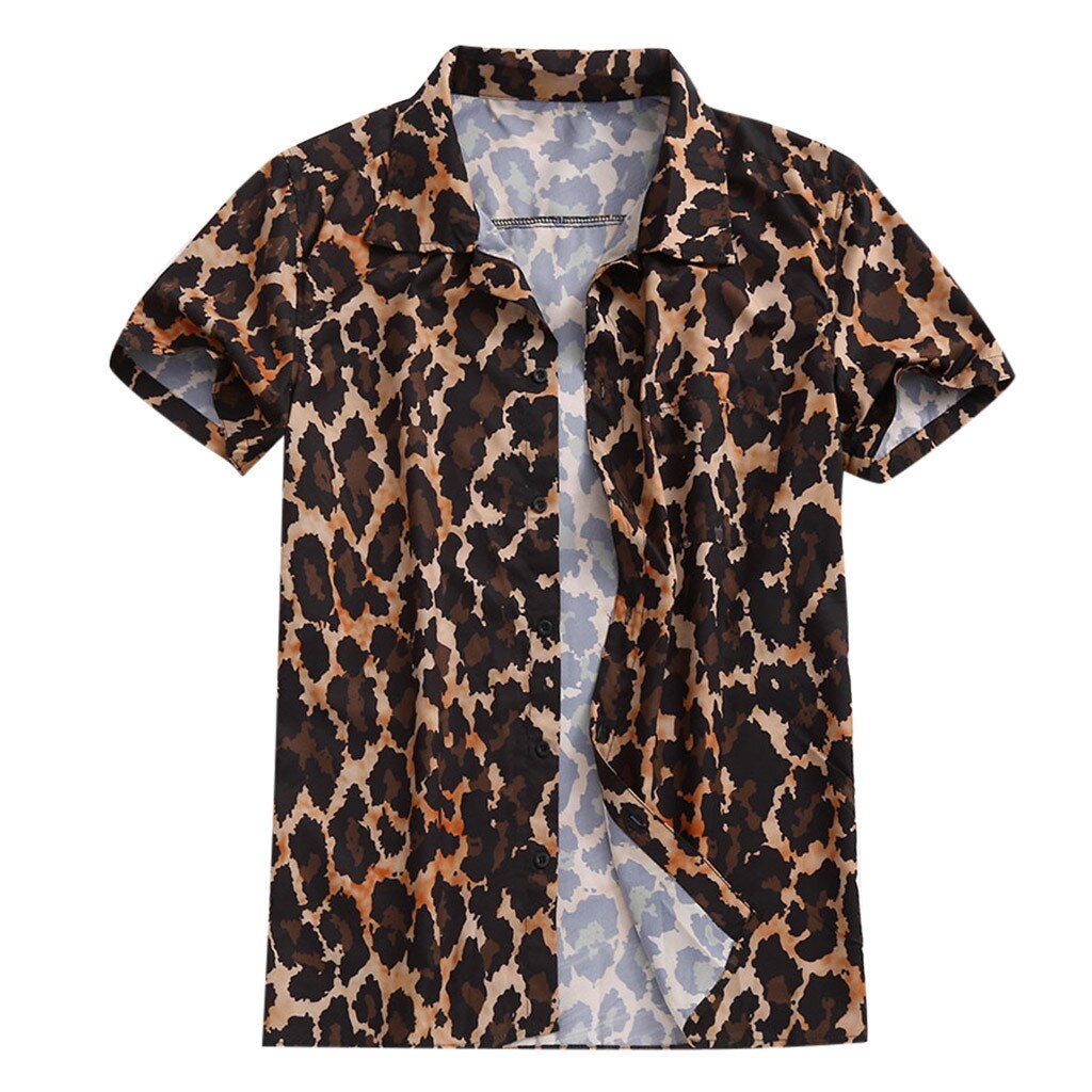 Camisas masculinas camisas masculinas camisas masculinas lapela leopardo manga curta camisa superior blusa chemise homme streetwear #622