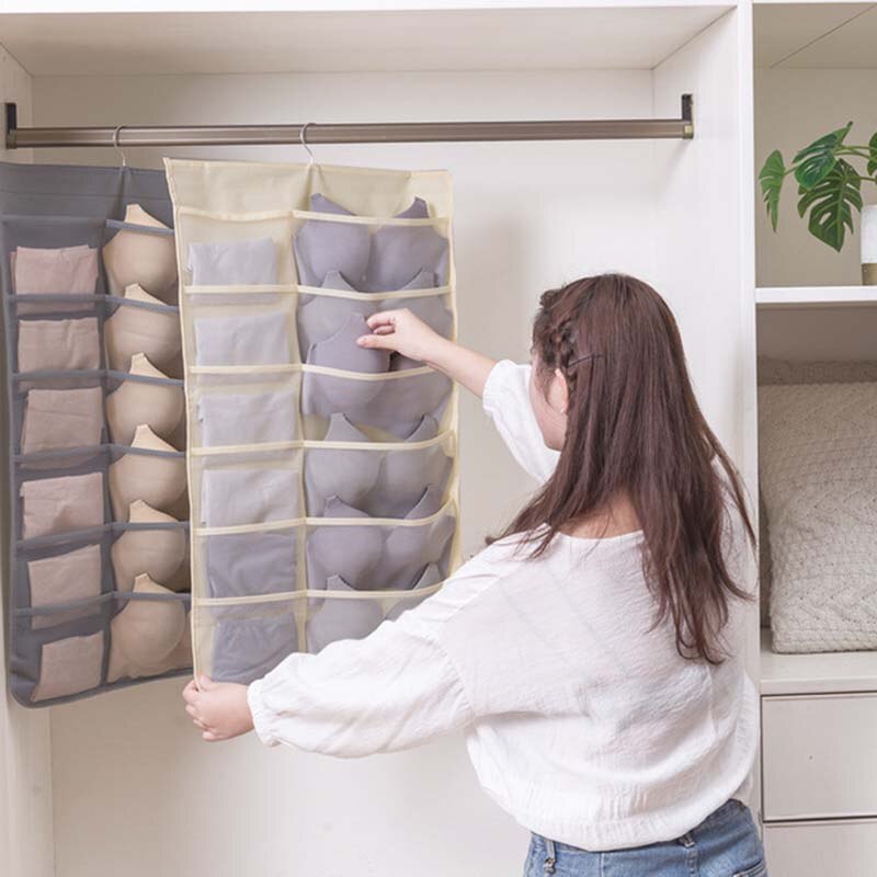 Mcao Hanging Closet Organizer Dual-Sided Wall Shelf Wardrobe Storage Bags for Underwear Bra Sock Mesh Pocket Metal Hanger TJ3624