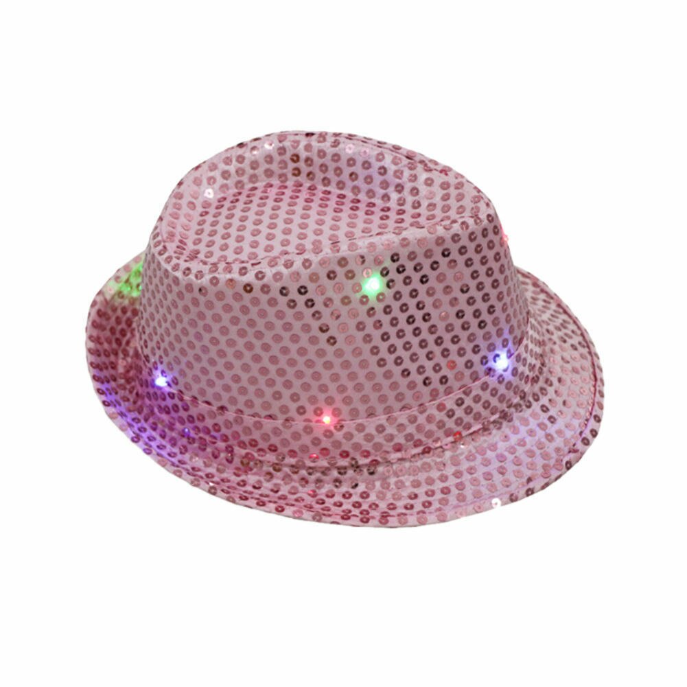 Men Women Glitter Sequin Flashing Light Up LED Fedora Trilby Cap Dance Jazz Hat Gangster Party Costume: Pink