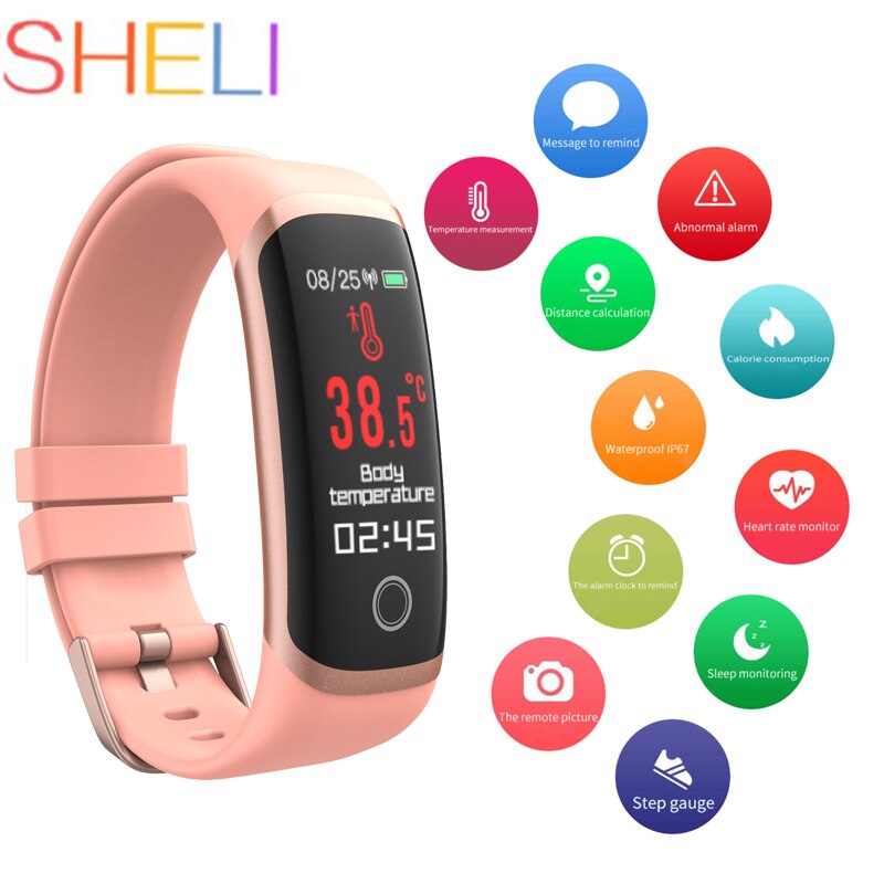 Sheli  t4 bluetooth temperatuur smartwatch  ip67 waterdichte hartslagmeter en lichaamstemperatuurmeter voor ios en android