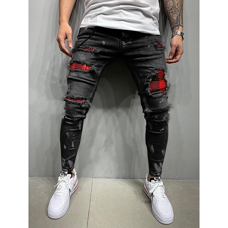 See zerrissene Jeans männer schlank passen Dünne Jeans Hüfte hüpfen Streetwear Patchwork Jeans Elastizität gotisch hosen männer: Schwarz / XL