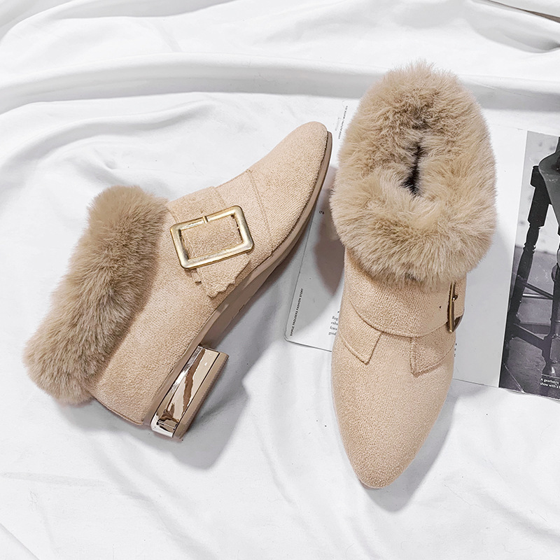 Aksamitne, pluszowe, krótkie botki z klamrą robić paska, zamkiem błyskawicznym, szpiczastymi noskami, zimowe, ciepłe, bawełniane, botki damskie na niskim obcasie