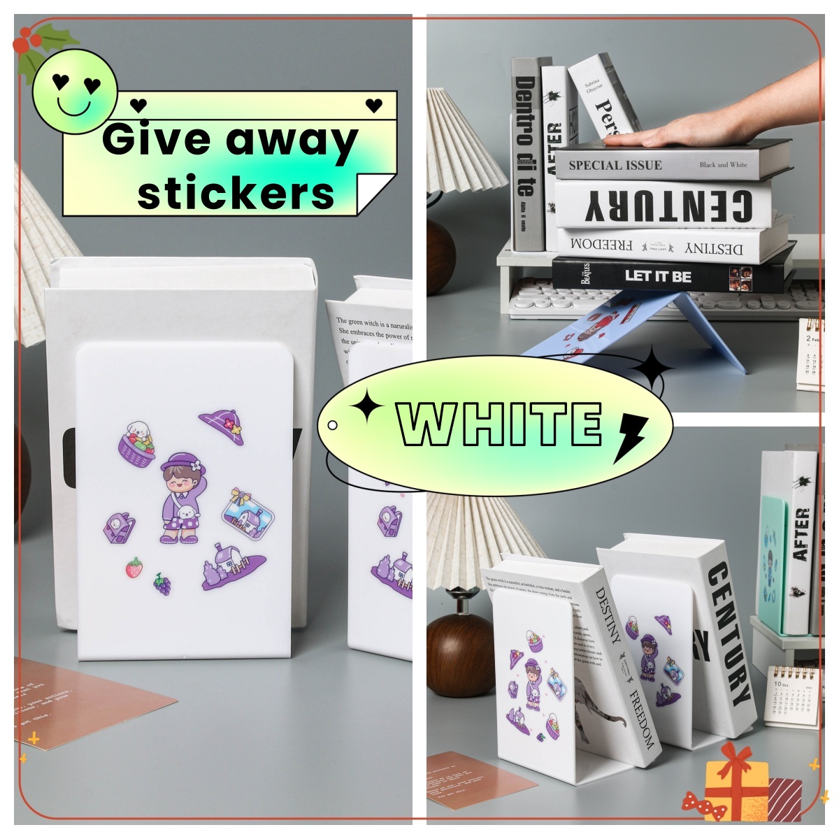 2-delige L-vormige boekenstandaard Bureauboekstandaard voor leren Desktop Boekenstandaard Boekclip Creatieve boekensteun in stijl: WHITE