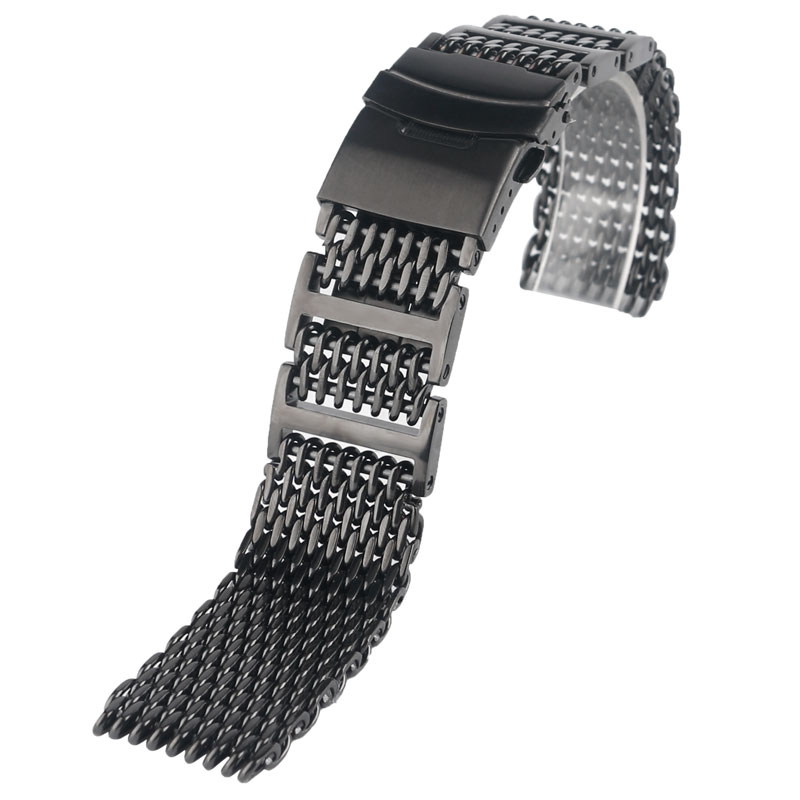 HQ 20mm 22mm 24mm Mens Stainless Steel Watch Band Shark Mesh Wrist Strap Luxury Bracelet Replacement Black Push Button