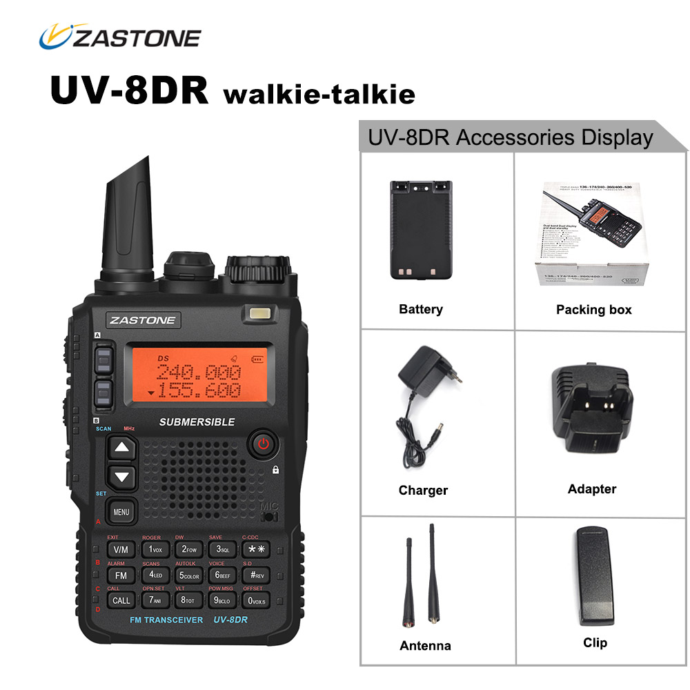 Walkie-talkie Zastone UV-8DR VHF/UHF 136-174MHz 240-260MHz 400-520MHz 128-MHz, Radio bidirectionnelle à trois bandes CH UV8DR