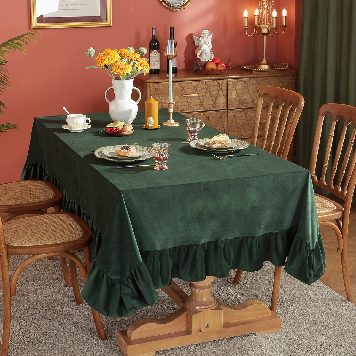 Velvet Tablecloth Luxurious Solid Rectangle Table Cloth,Oblong Retro Farmhouse Ruffle Tablecloth Washable Table Cover for Table: green / 40*90cm