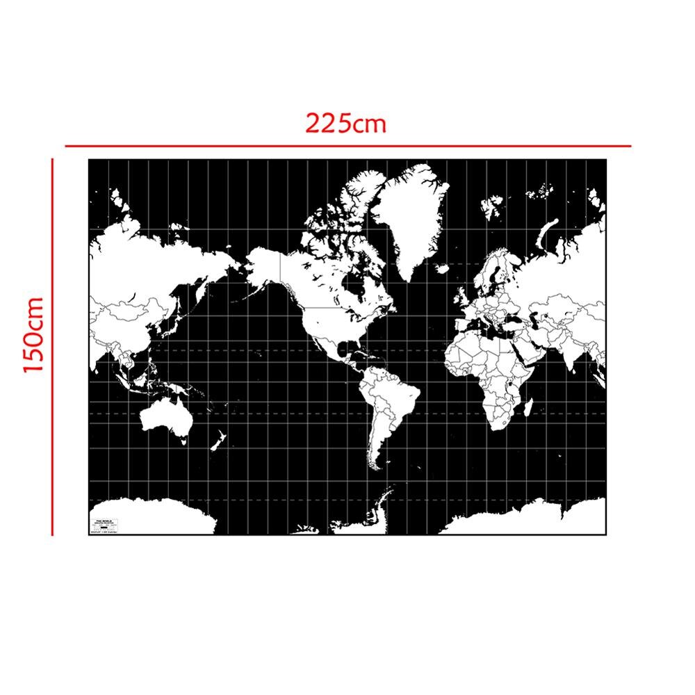 150 x 225cm mercator projektion världskarta flygvy svart och vit kontinental platt karta