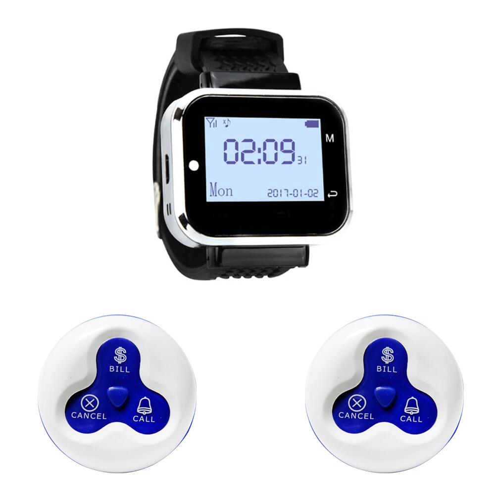 Strong Signal Wireless Calling System 2 Calling Buttons+ 1 Watch Pager for Restaurant, cafe, bar/ Wireless Service Call Bells: blue