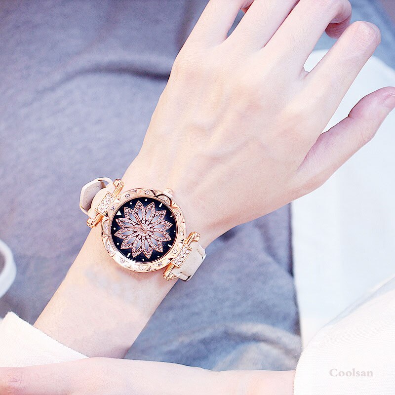 Luxury Women Watches Bracelet set Starry Sky Ladies Bracelet Watch Casual Leather Quartz Wristwatch Clock Relogio Feminino: Beige