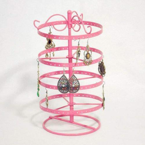 5-Tier Round Rotating Jewelry Organizer - Metal Display Stand Rack for Earrings, Necklaces: Pink