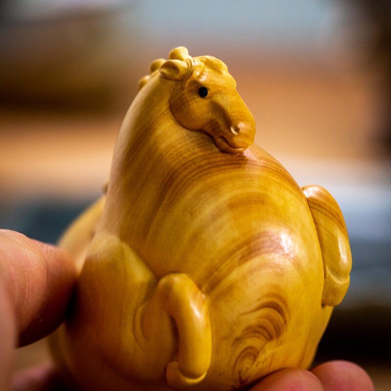 Boxwood 8cm Fat Horse Sculpture Solid Wood Cartoon Statue Lucky Tang Dynasty Horse Animal Home Decor