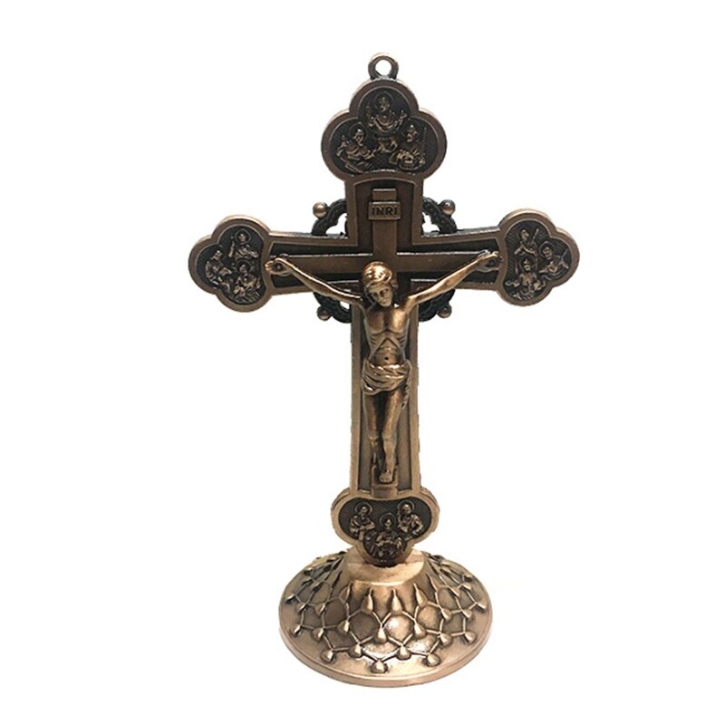 Cross Ornament Christus Katholieke Cross Beeldje Met Houten Basis Ambachten Voor Thuis Auto Kerk Desktop Decoratie Heilige Religieuze: Rose gold