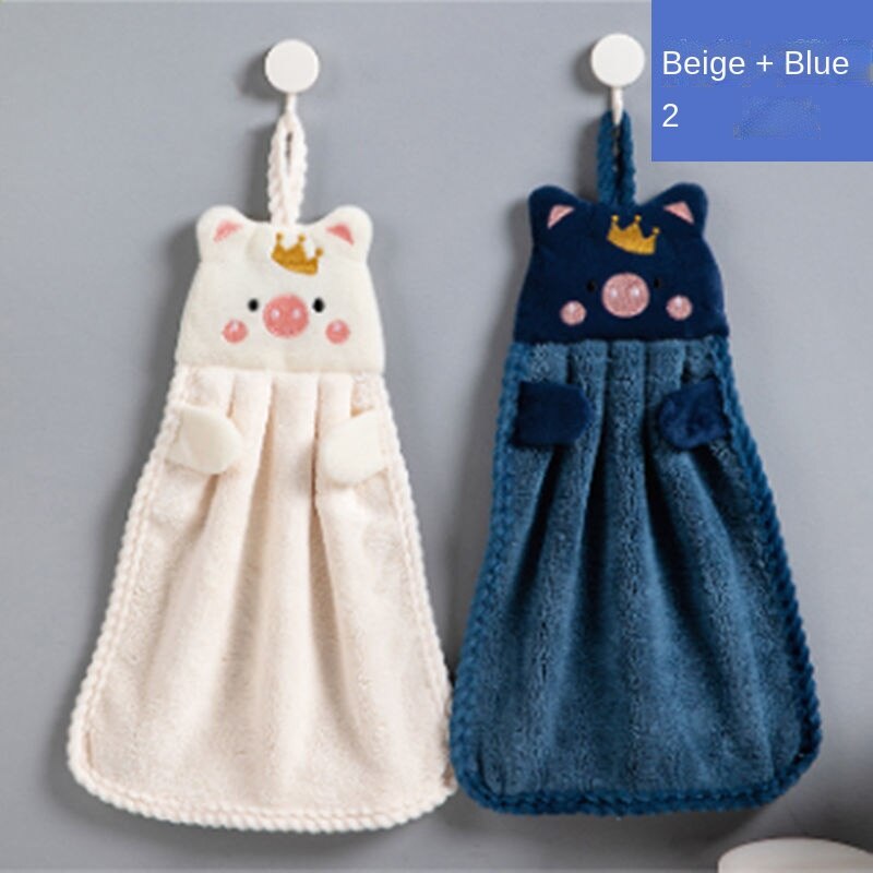2 Pcs Cute Children's Handkerchief Towels Hanging Thickened Pure Cotton Absorbent Bathroom Face Wash Towel Kitchen Accessories: beige blue-send hook