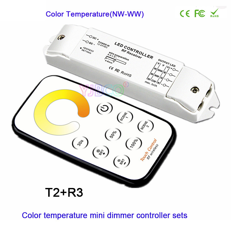 Bincolor Mini Rf Wireless Remote Led Dimmen/Cct/Rgb/Cw Nw Ww Led Dimmer Ontvanger Controller Voor led Strip Licht, DC12V-24V: T2  and  R3