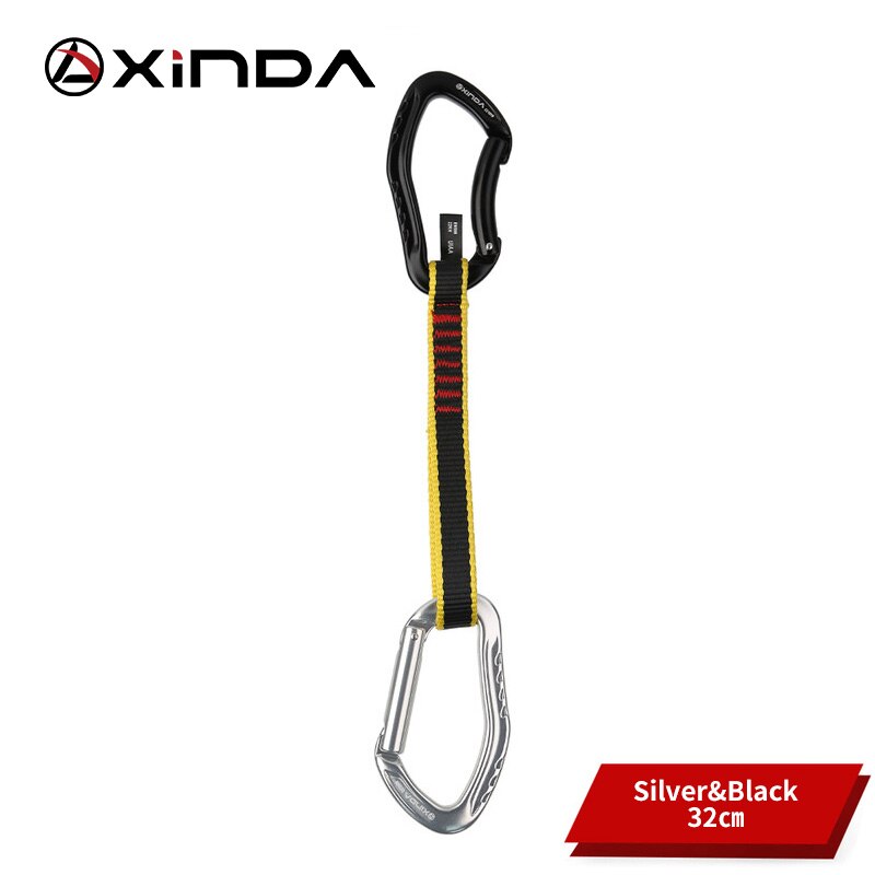 XINDA Beruf Klettern Quickdraw Schlinge Sicherheit Schloss Verlängerung Gerade Gebogen Karabiner Bergsteiger Außen Schützen Bausätze: Schwarz Silber--32cm