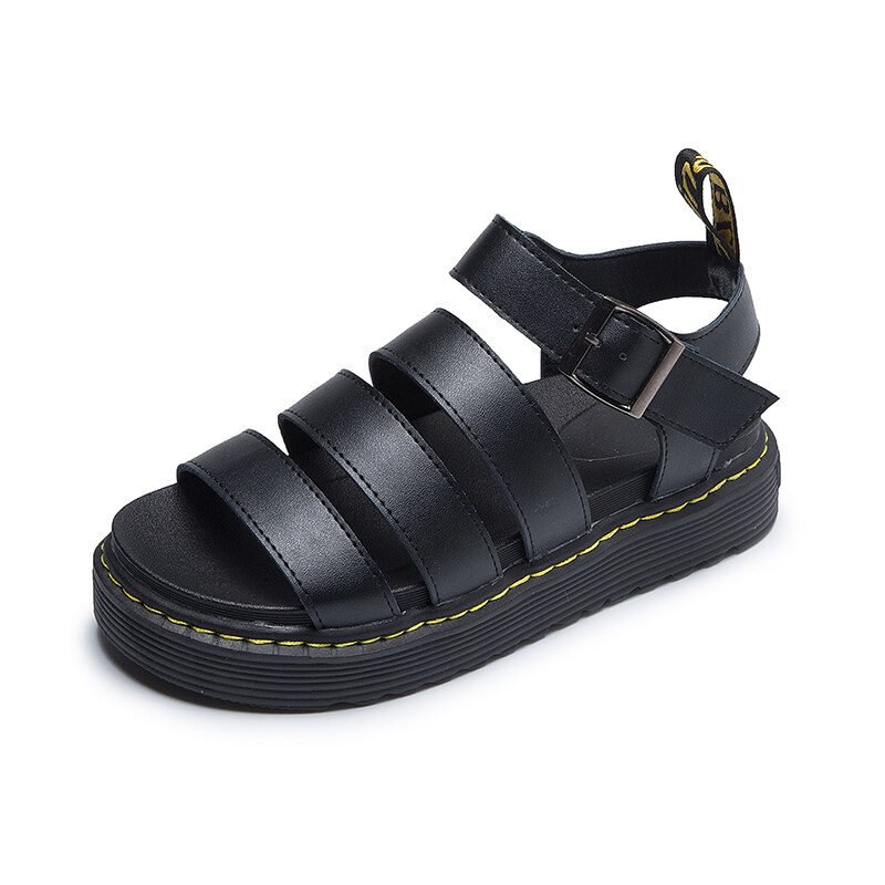 Women Platform Sandals Summer Black Flat Sandals Buckle Comfortable Round Head Gladiator Outdoor Beach Chunky Woman Shoes: Black / 36