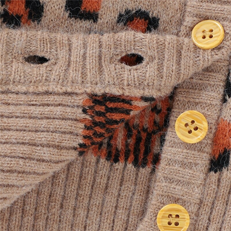 0-24M Baby Girls kids Autumn Winter Leopard Print Sweater Coat Long Sleeve V-neck Button-up Knitted Cardigan Kids Warm Tops